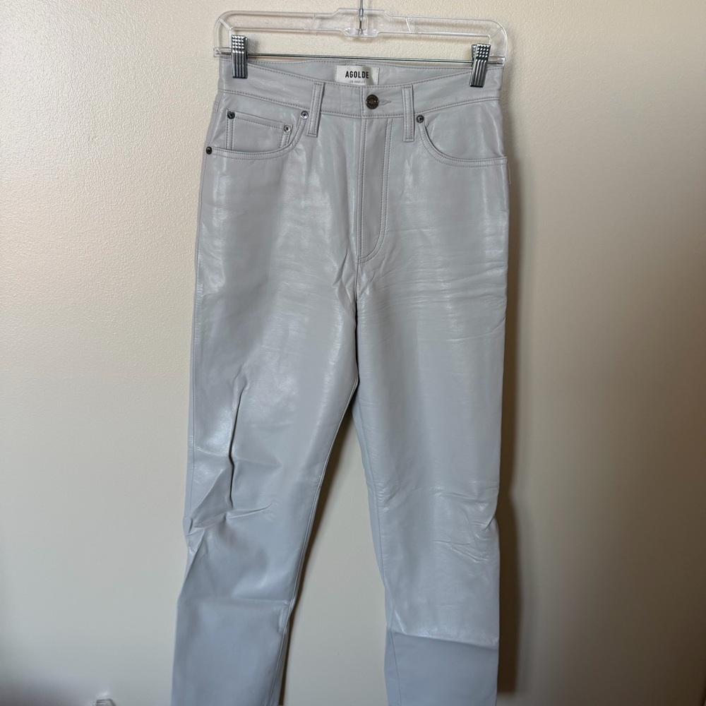 AGOLDE 90s Pinch Waist Pants Womens Light Gray Leather High Rise Straight Leg